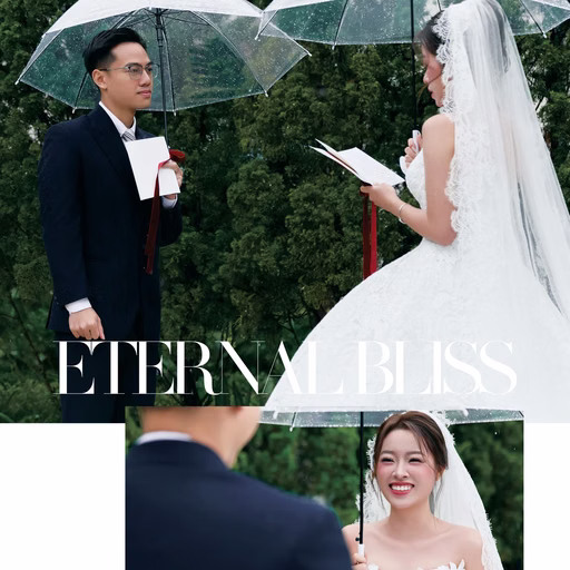 Collage of the bride and groom exchanging messages beneath an umbrella in a garden.