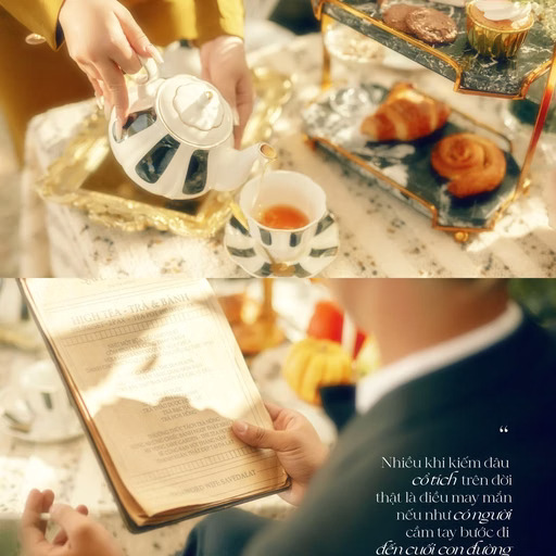 Collage of a tea and cake table and the couple's hands at a Đà Lạt café.