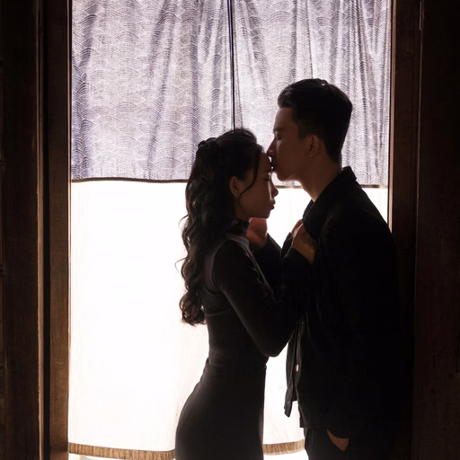 The couple leans close together before a Đà Lạt café window.