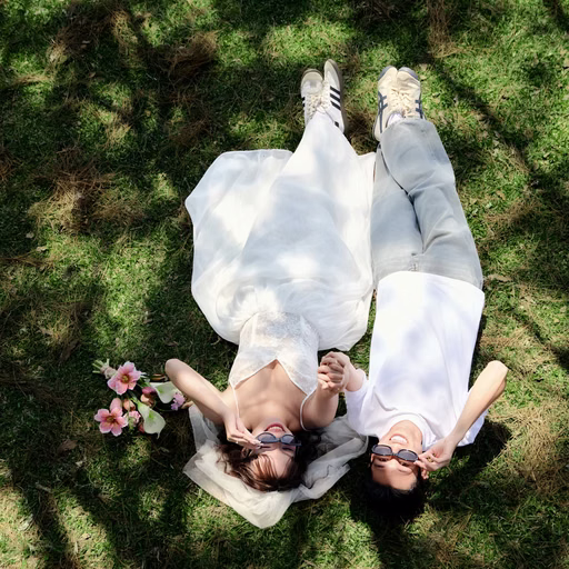 An overhead view of the couple lying on the grass and holding hands at Cây Thông Cô Đơn, Đà Lạt