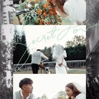 A collage of bridal and couple photographs beside a flower-decorated bicycle at Công Viên Ánh Sáng.