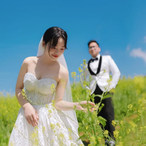 Cô dâu bước qua đồng hoa vàng với chú rể theo sau tại Hoa Trong Rừng, Đà Lạt