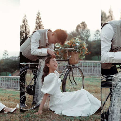 A collage of the couple sitting beside a bicycle and a basket of orange flowers.