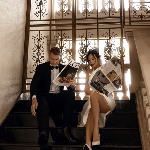 The bride and groom reading newspapers on steps before Don Bosco's decorative iron doors.