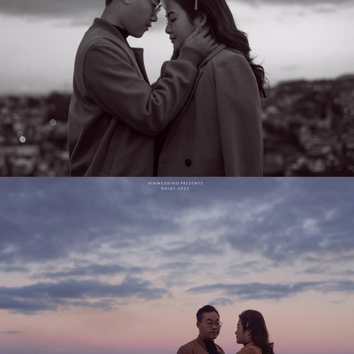 A collage of the couple together before a city view at dusk.