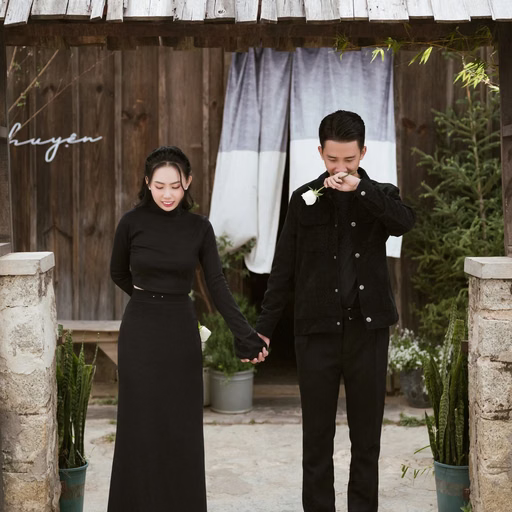 A couple in black holding hands in front of a wooden house at a Đà Lạt café.