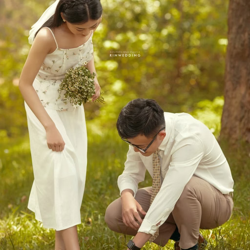 A groom bends down to adjust the bride's shoe on the lawn at Dinh Tỉnh Trưởng.