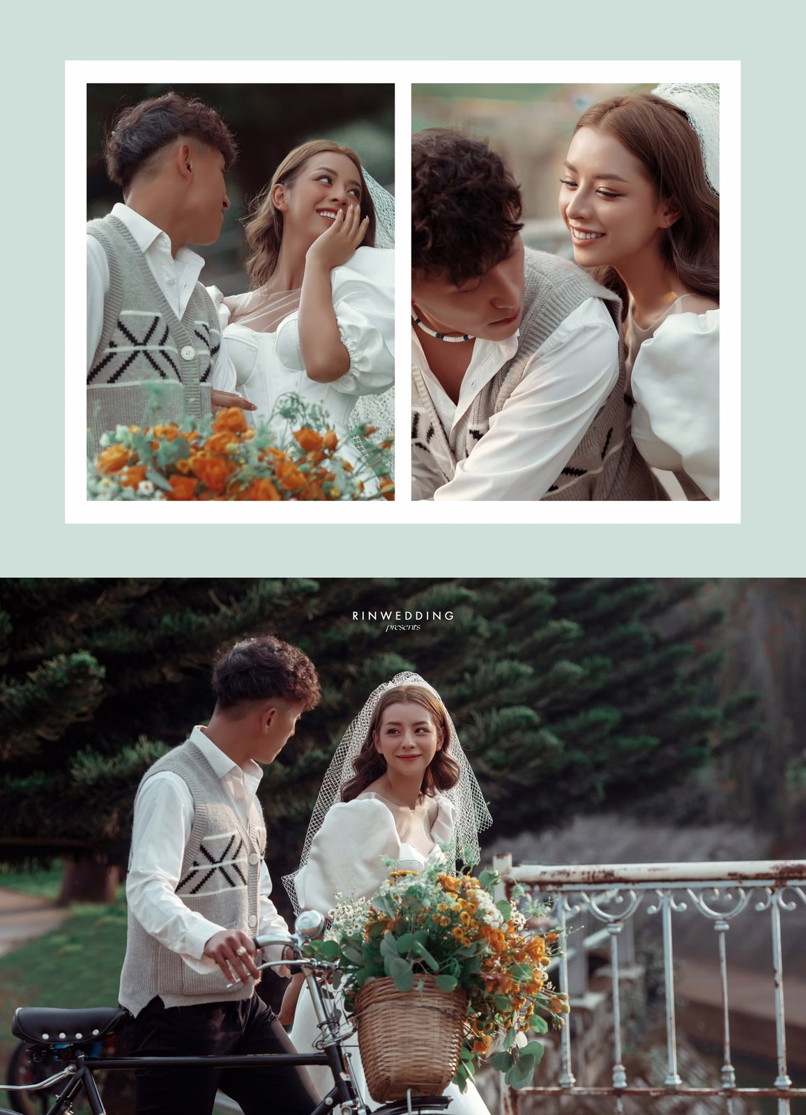 Collage of a couple beside orange flowers at Công Viên Ánh Sáng Đà Lạt.