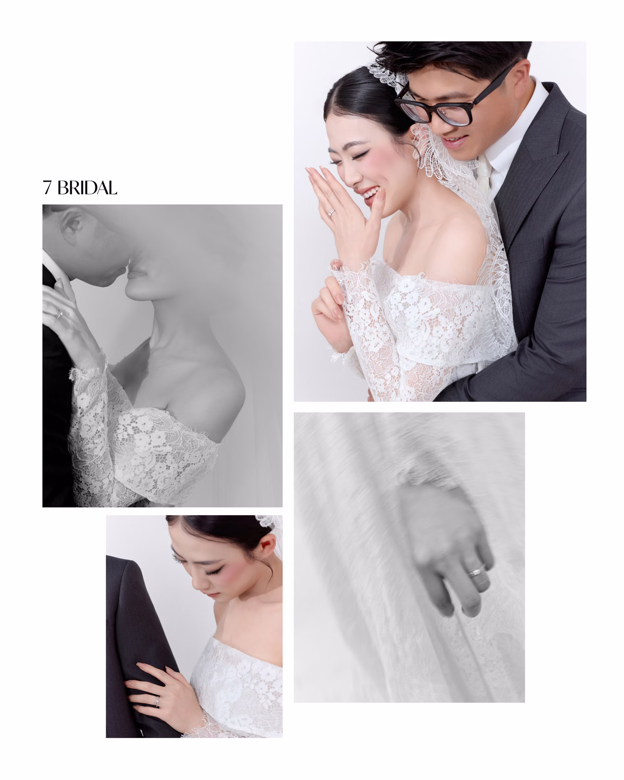 Photo collage of the couple embracing and a detail of the bride’s ringed hand.