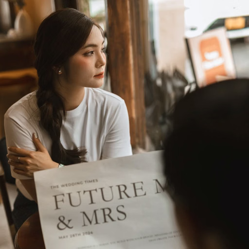 A woman holds a Future Mr & Mrs newspaper beside a window in a Đà Lạt café.