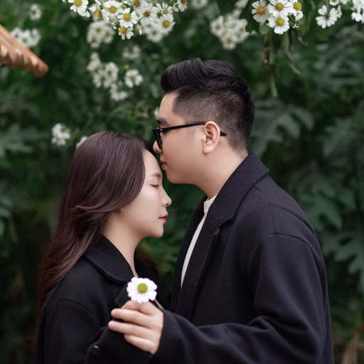 A man kisses his partner's forehead beneath white flowers in a Đà Lạt café garden.