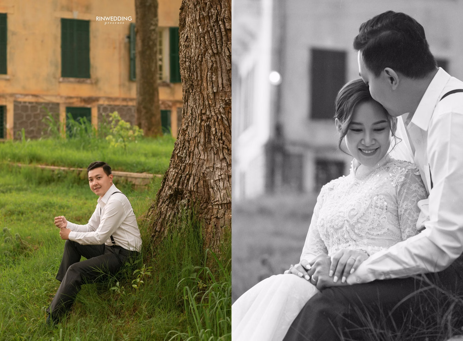 Collage of the groom beside a tree trunk and the couple leaning together.