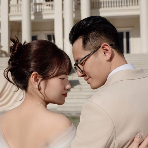 The bride and groom touch foreheads before Nhà thờ Don Bosco