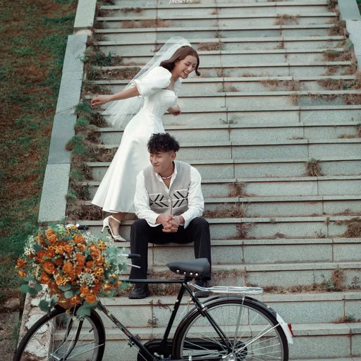 A couple with a flower-decorated bicycle on the steps at Công Viên Ánh Sáng.
