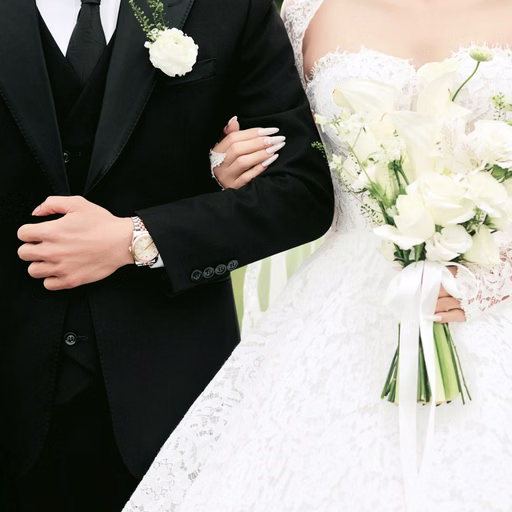 Close-up of a bride linking arms with the groom and holding wedding flowers at Cây Thông Cô Đơn, Đà Lạt