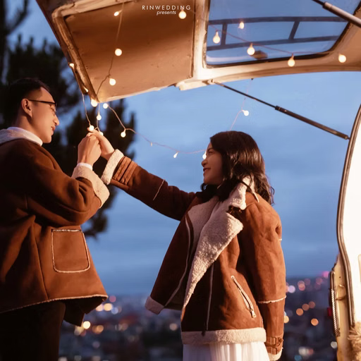 A couple touches hands beneath string lights beside a camper after dark.