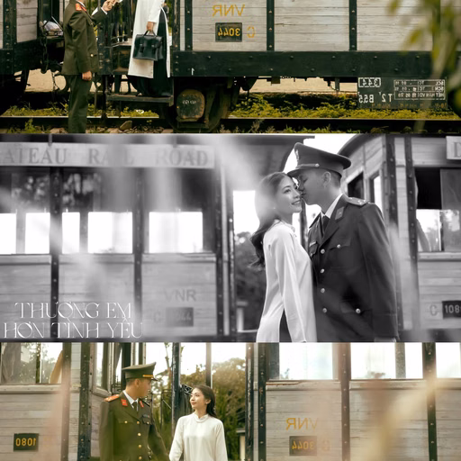 Photo collage of the couple beside a vintage carriage at Ga Đà Lạt.