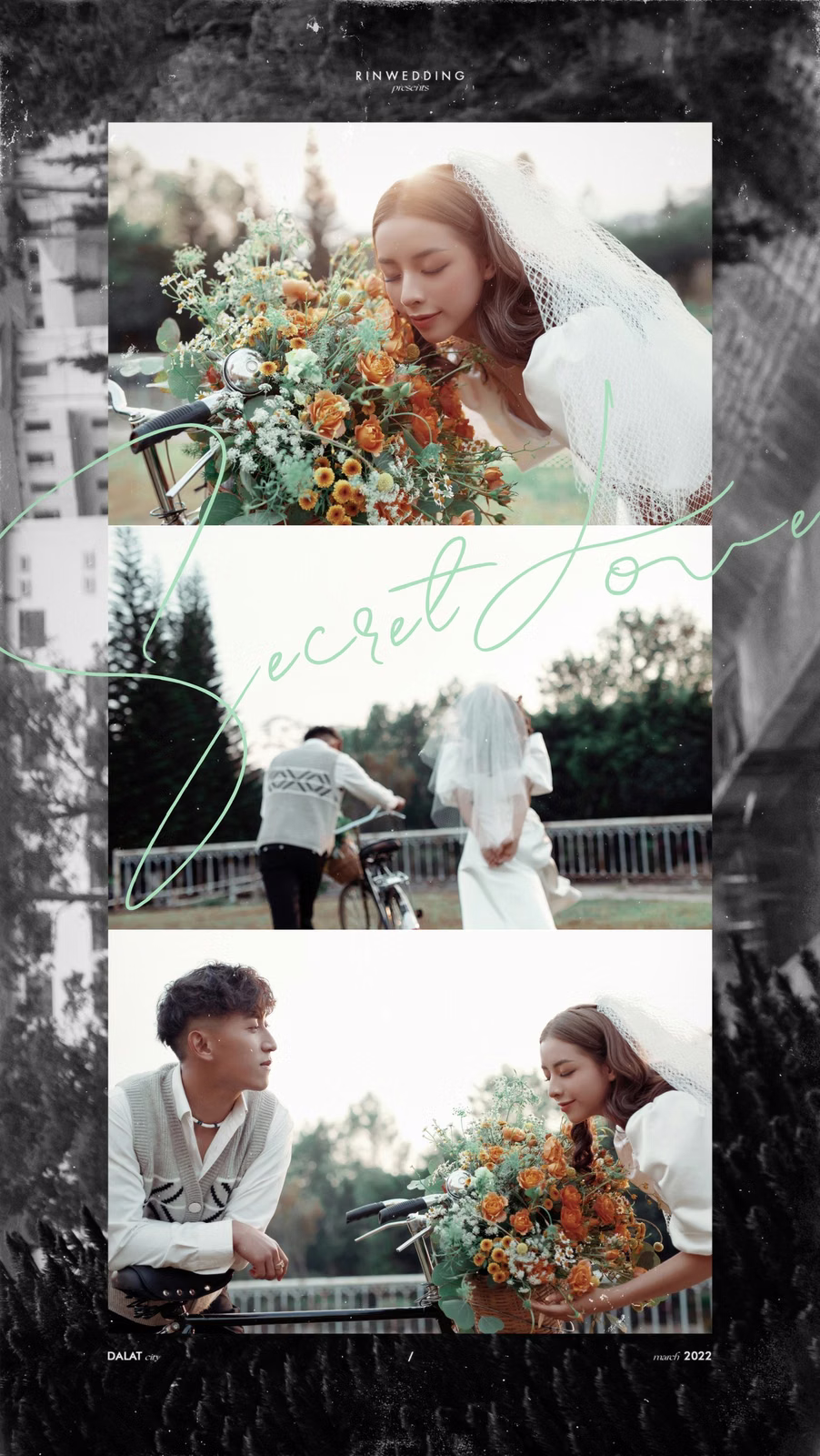 Black-and-white and color collage of a couple beside a flower-decorated bicycle.