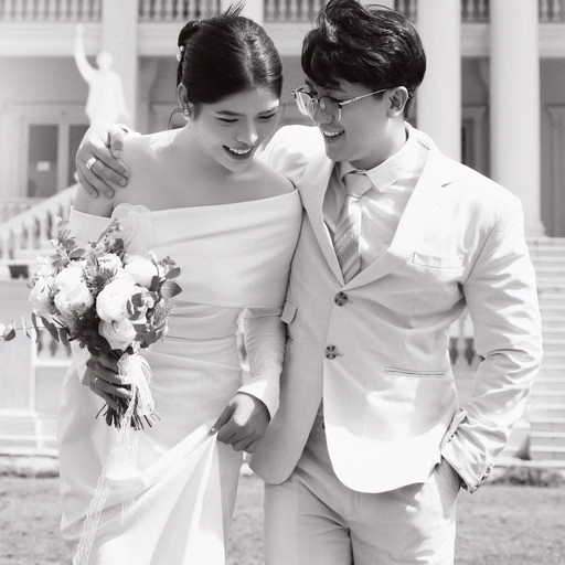 Black-and-white image of the groom kissing the bride's forehead at Nhà thờ Don Bosco