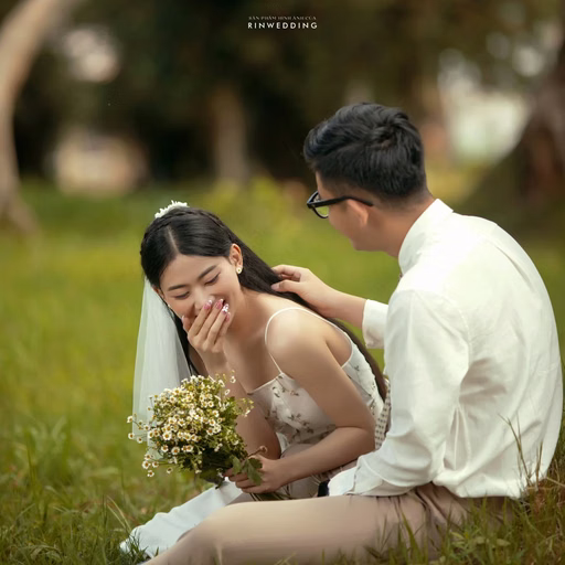 A couple sitting and smiling beside a bouquet in the garden of Dinh Tỉnh Trưởng.