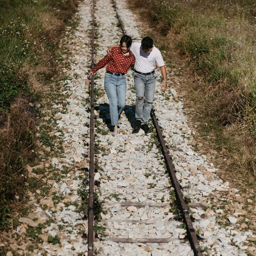 A couple holding hands and walking along the tracks at Ga Đà Lạt.