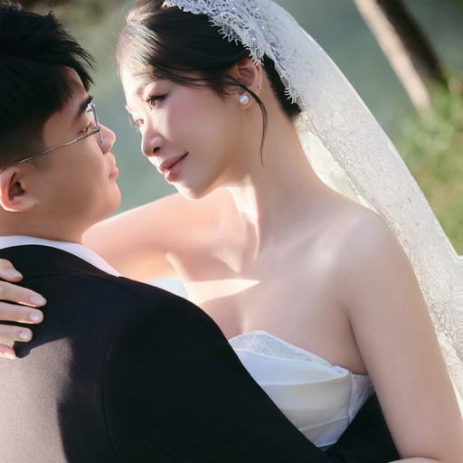 Cô dâu khoác tay qua vai chú rể, cầm bó hoa tím hồng.
