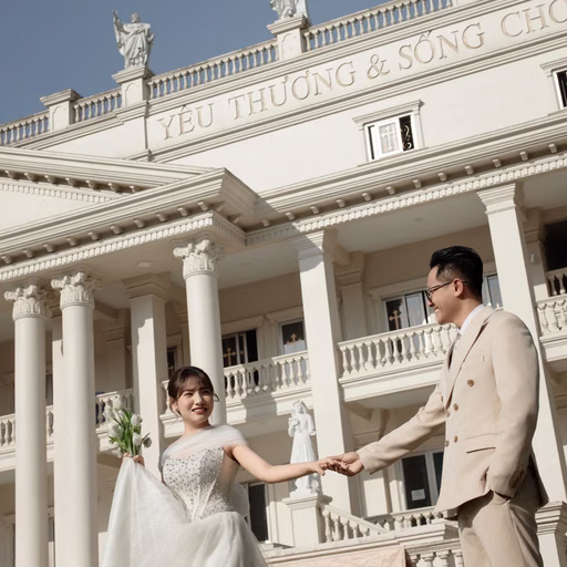 The bride and groom holding hands before the architecture of Nhà thờ Don Bosco