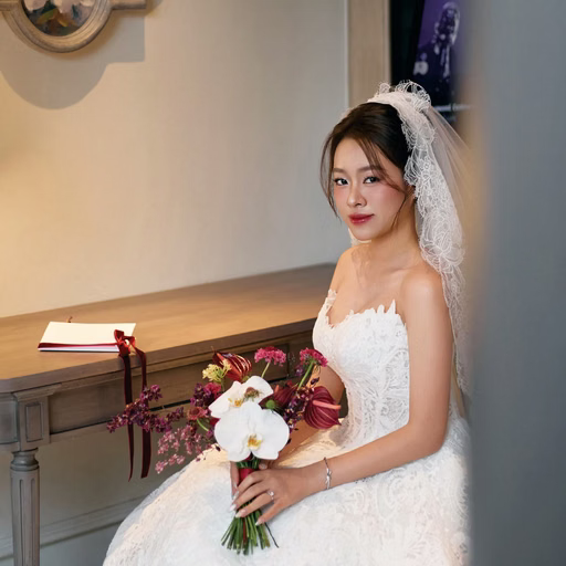 The bride sits beside a table with a red and white bouquet in a resort room.
