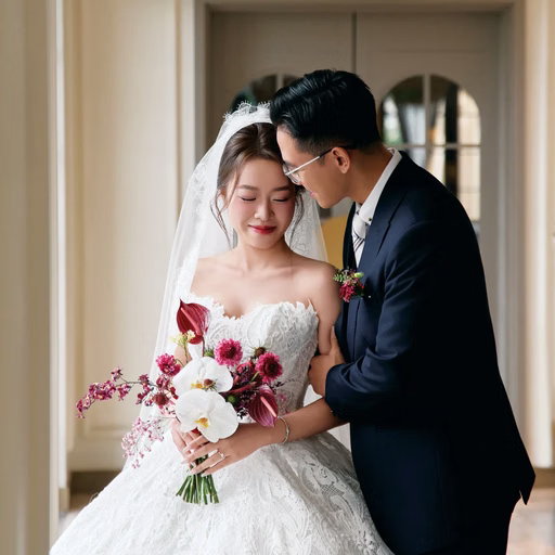 The groom kisses the bride's forehead beside a resort room door.